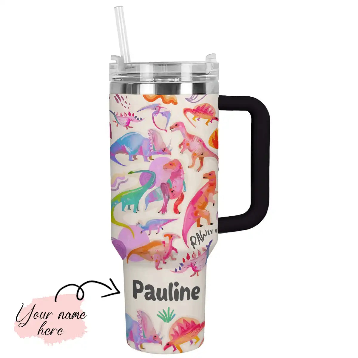 Colorful Dinosaurs Custom Stanley Quencher 40oz Stainless Steel Tumbler With Handle