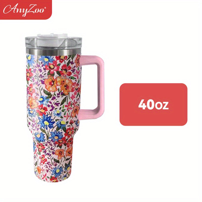 Colorful Flower Custom Stanley Quencher 40oz Stainless Steel Tumbler With Handle