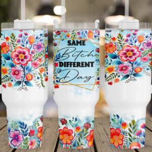 Colorful Flowers Sassy Quote Custom Stanley Quencher 40oz Stainless Steel Tumbler With Handle