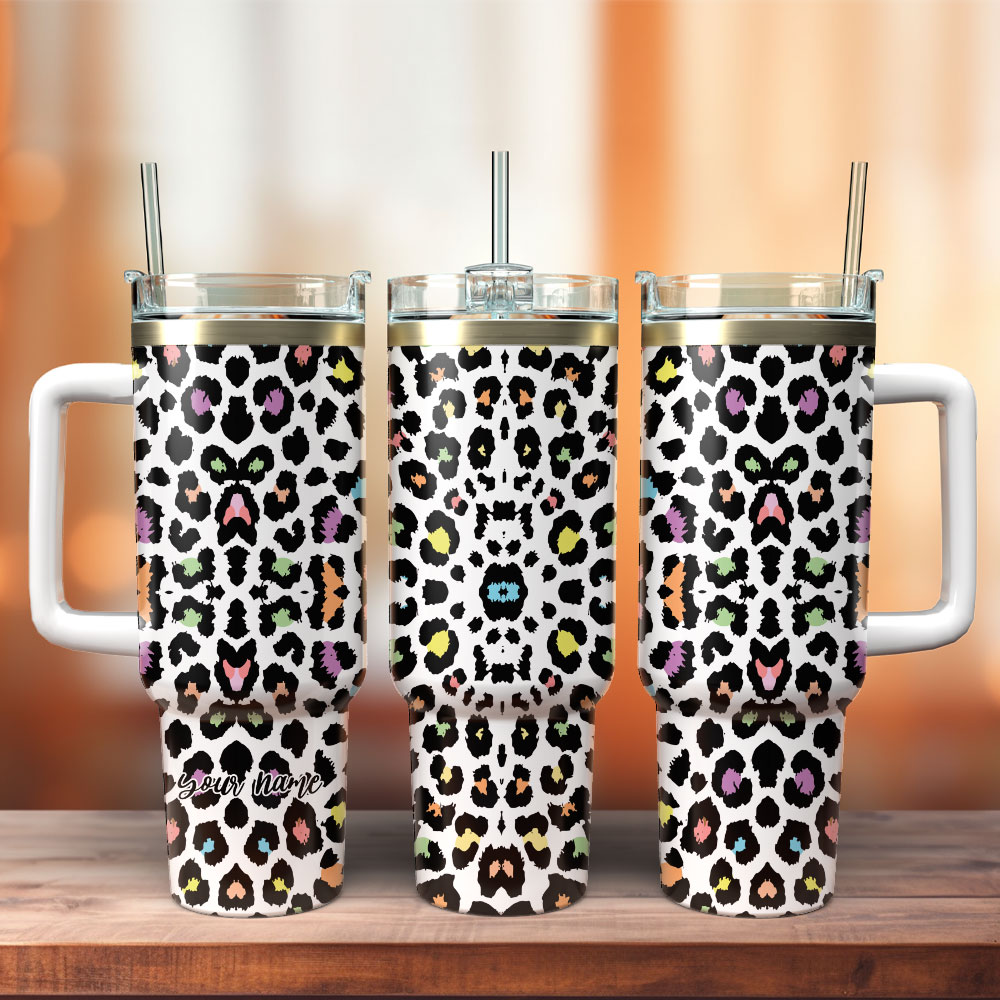Colorful Leopard Animal Custom Stanley Quencher 40oz Stainless Steel Tumbler With Handle