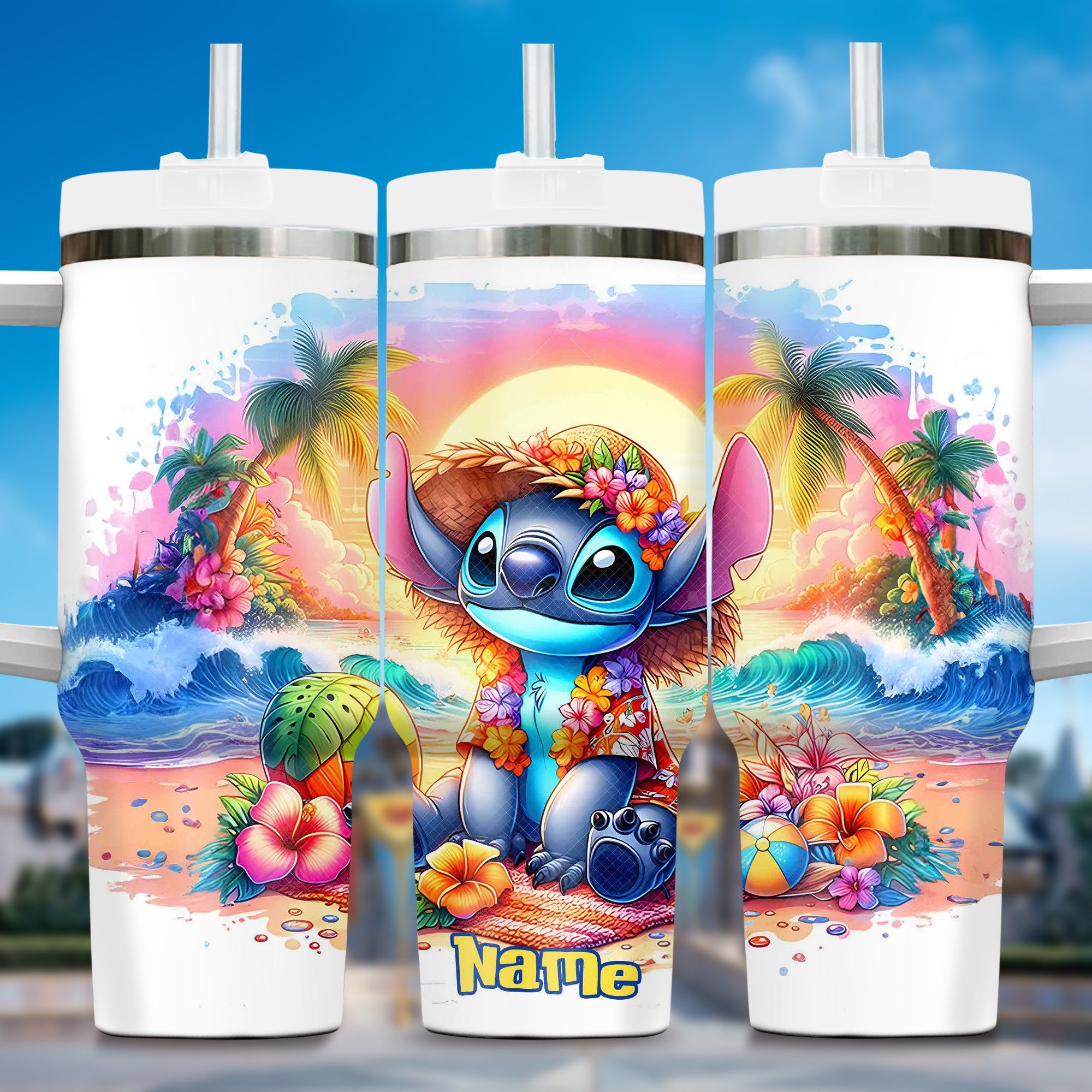 Colorful Stitch Summer Cartoon Custom Stanley Quencher 40oz Stainless Steel Tumbler With Handle