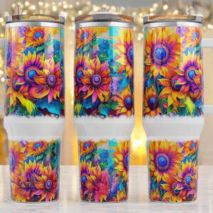 Colorful Sunflowers Custom Stanley Quencher 40oz Stainless Steel Tumbler With Handle