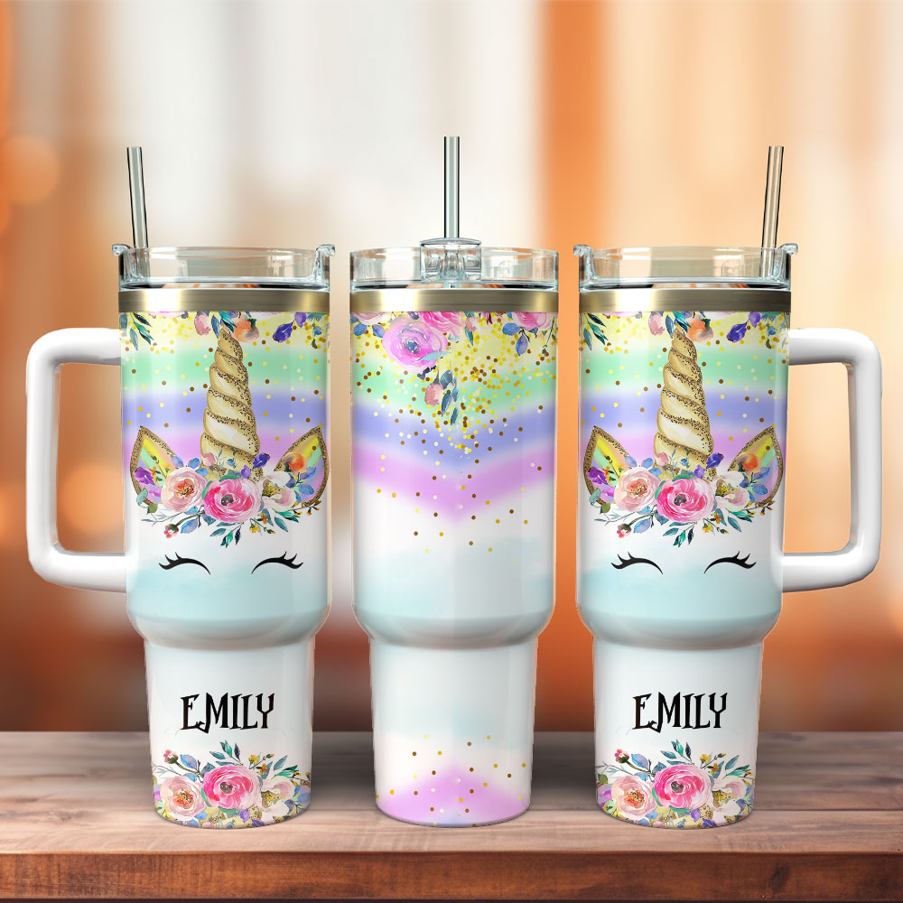 Colorful Unicorn Custom Stanley Quencher 40oz Stainless Steel Tumbler With Handle