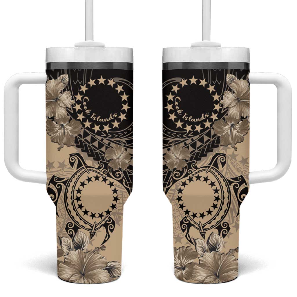 Cook Islands Turtle Stars and Hibiscus Beige Custom Stanley Quencher 40oz Stainless Steel Tumbler With Handle