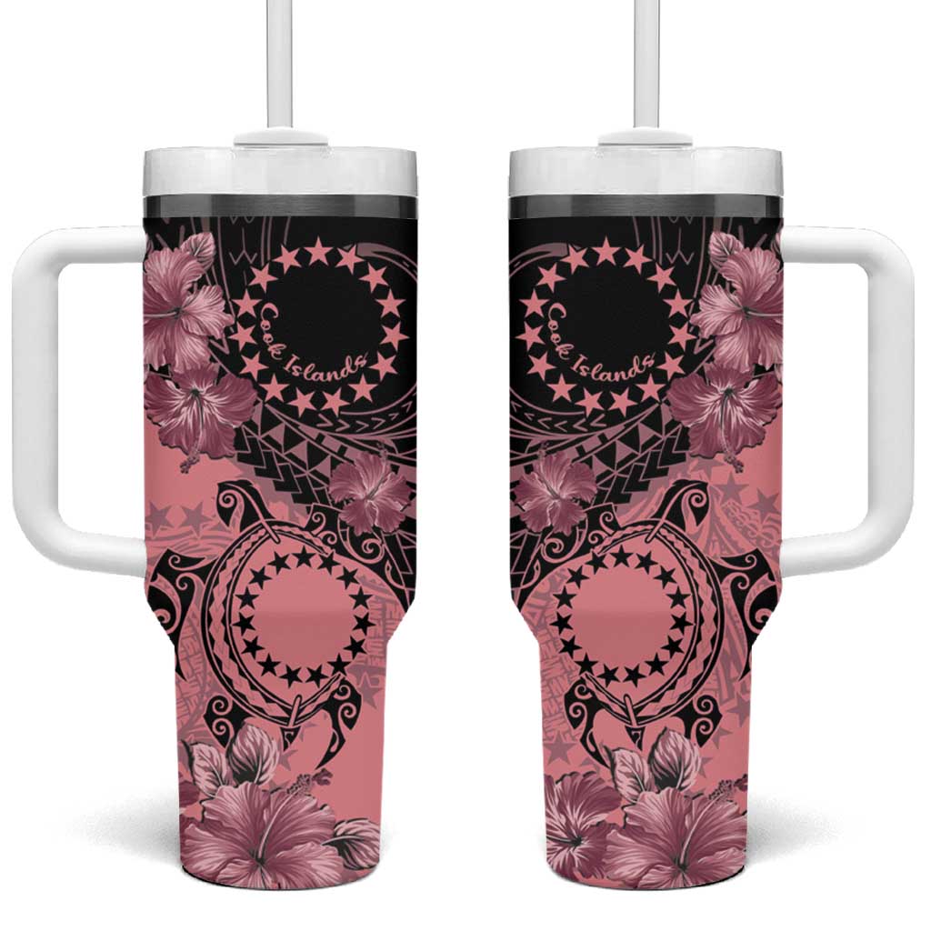 Cook Islands Turtle Stars and Hibiscus Pink Custom Stanley Quencher 40oz Stainless Steel Tumbler With Handle