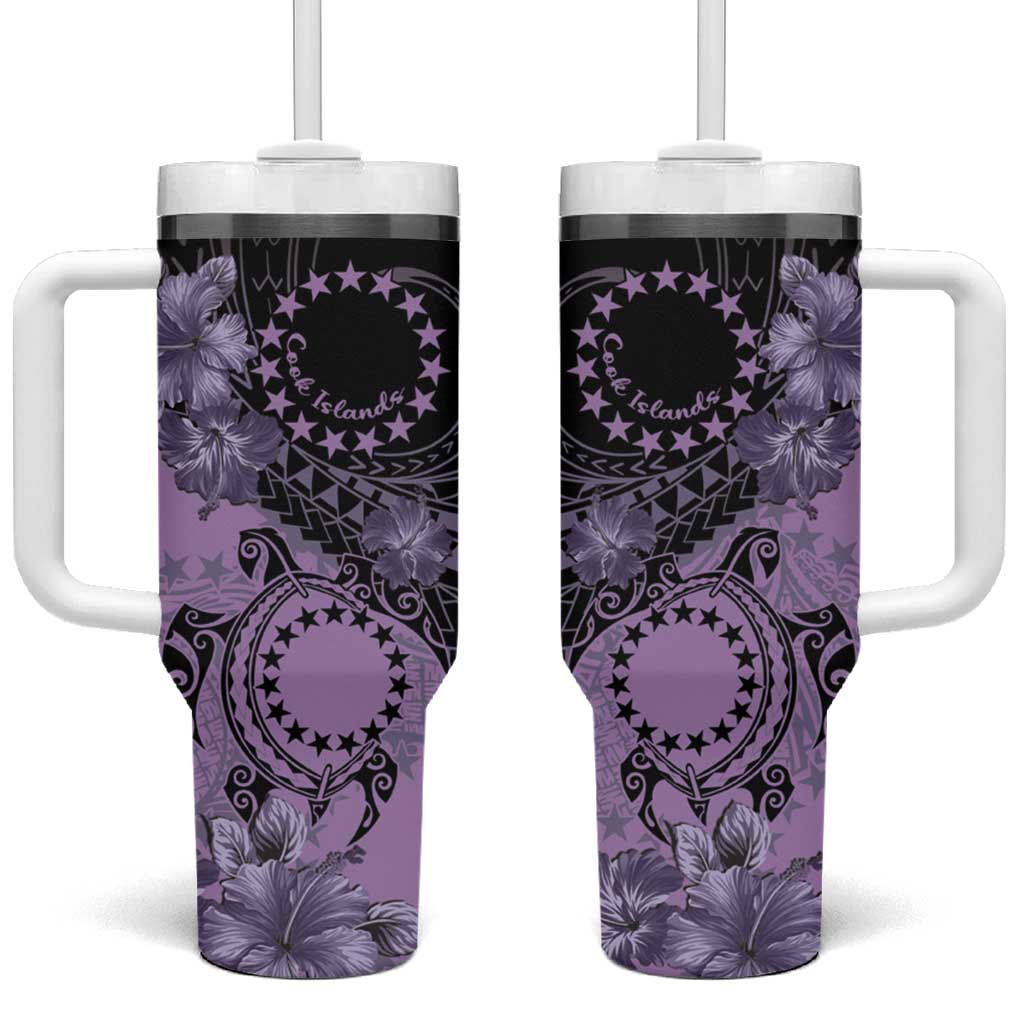 Cook Islands Turtle Stars and Hibiscus Purple Custom Stanley Quencher 40oz Stainless Steel Tumbler With Handle