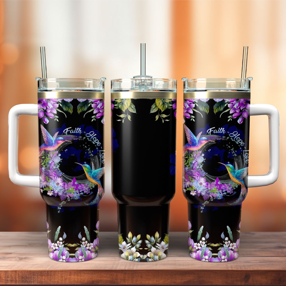 Couple Hummingbirds Flowers Artwork Custom Stanley Quencher 40oz Stainless Steel Tumbler With Handle