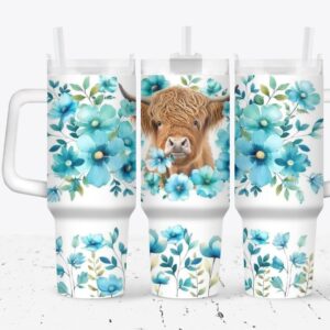 Cow with Flowers Custom Stanley Quencher 40oz Stainless Steel Tumbler With Handle