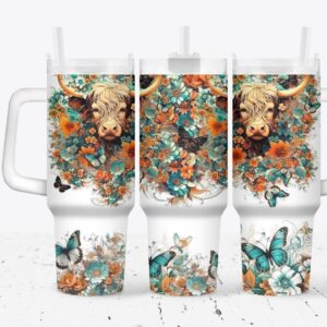Cow with Flowers Custom Stanley Quencher 40oz Stainless Steel Tumbler With Handle
