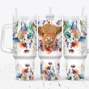 Cow with Flowers Custom Stanley Quencher 40oz Stainless Steel Tumbler With Handle