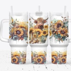 Cow with Sunflowers Custom Stanley Quencher 40oz Stainless Steel Tumbler With Handle