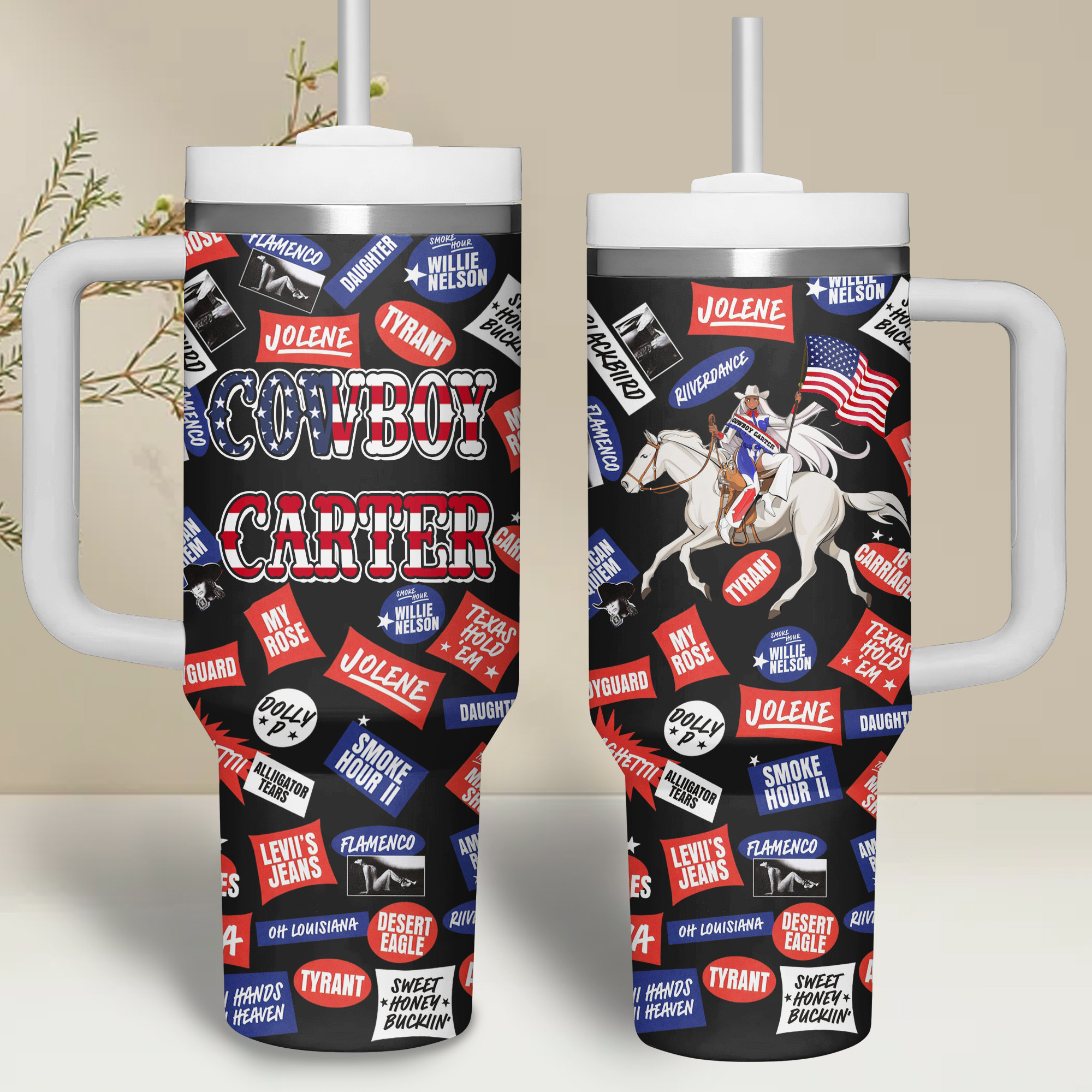 Cowboy Carter Music Custom Stanley Quencher 40oz Stainless Steel Tumbler With Handle