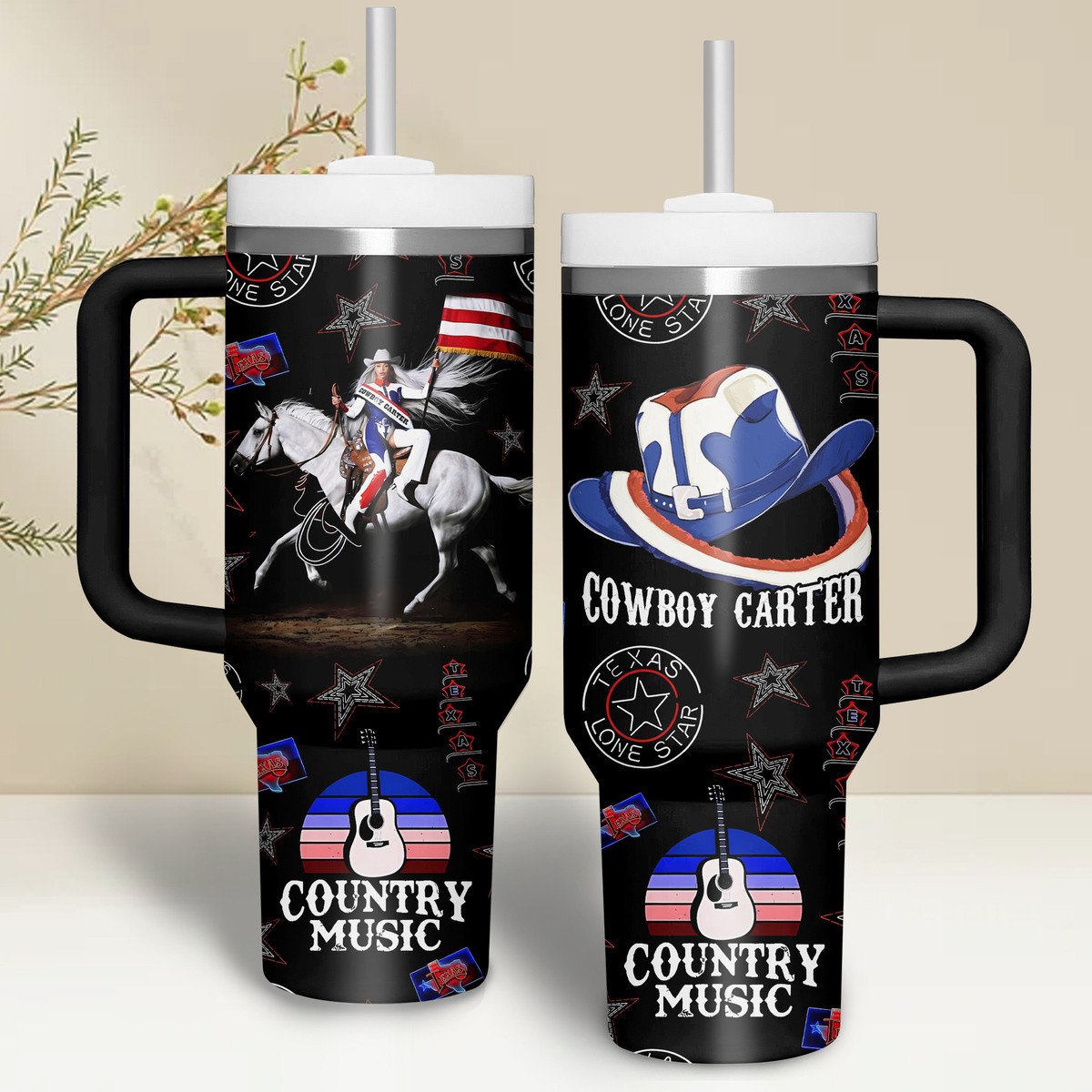Cowboy Carter Music Custom Stanley Quencher 40oz Stainless Steel Tumbler With Handle