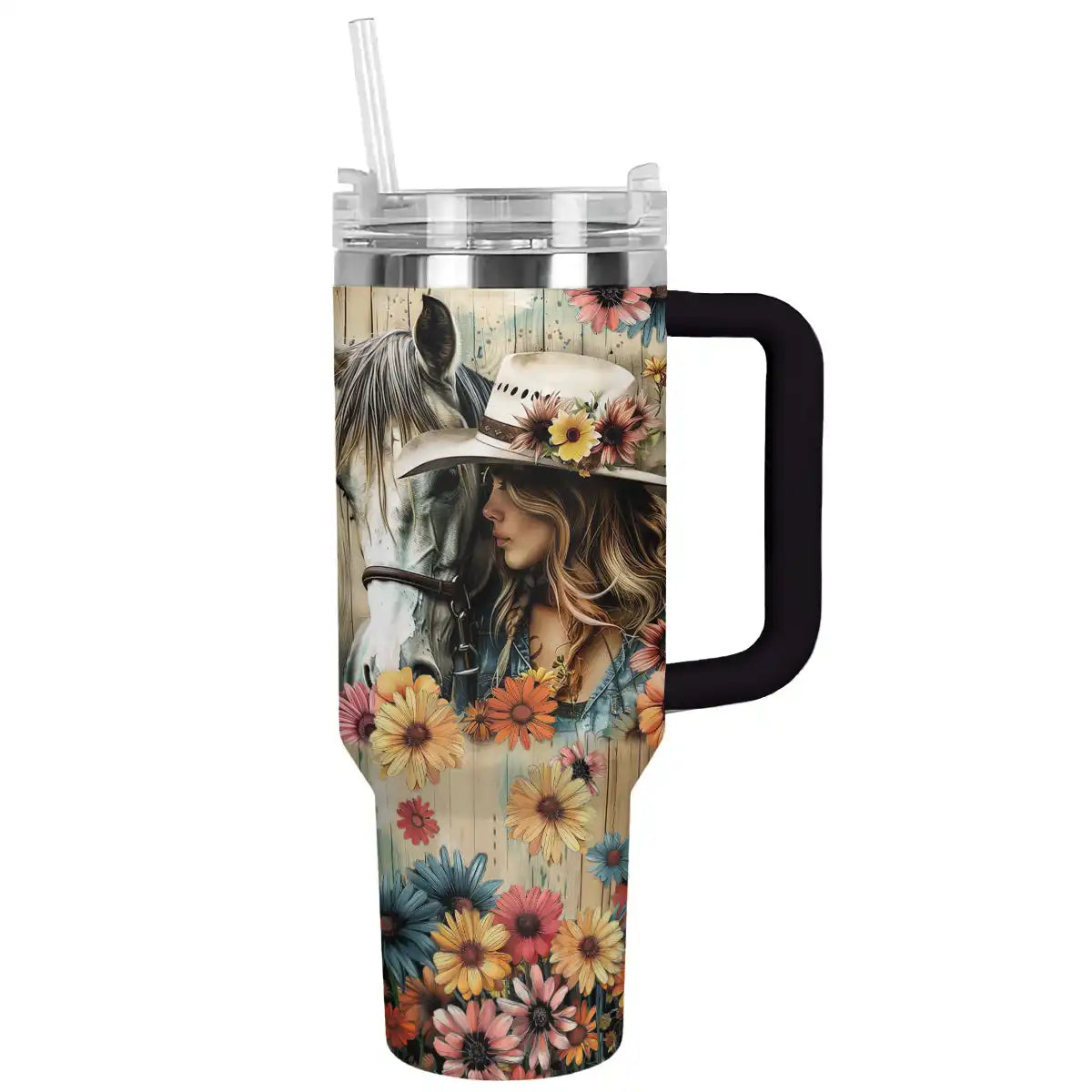 Cowgirl With Horse Custom Stanley Quencher 40oz Stainless Steel Tumbler With Handle