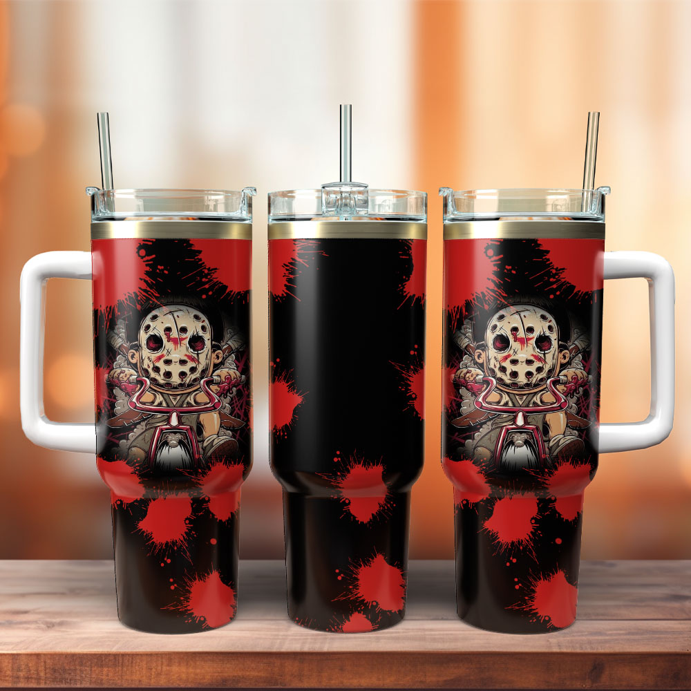 Creepy Jason Chibi Friday The 13th Cartoon Custom Stanley Quencher 40oz Stainless Steel Tumbler With Handle