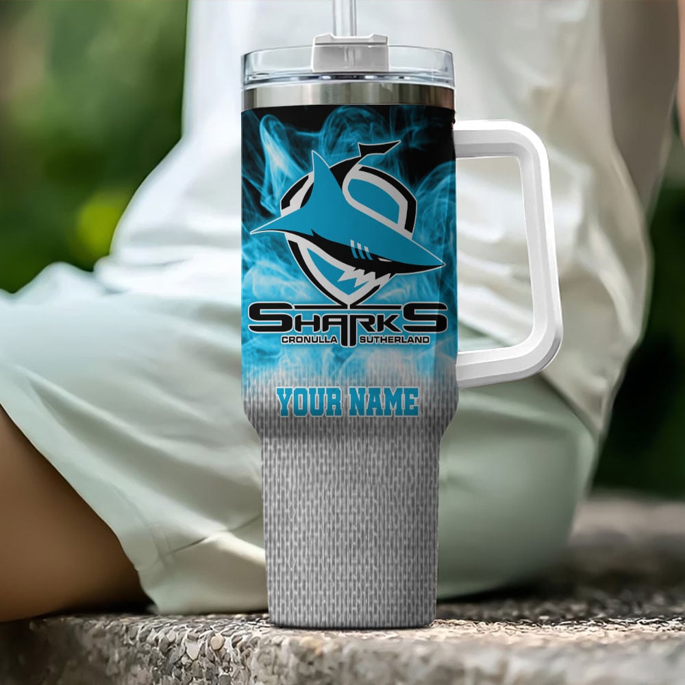 Cronulla-Sutherland Sharks NRL Flame Effect Custom Stanley Quencher 40oz Stainless Steel Tumbler With Handle