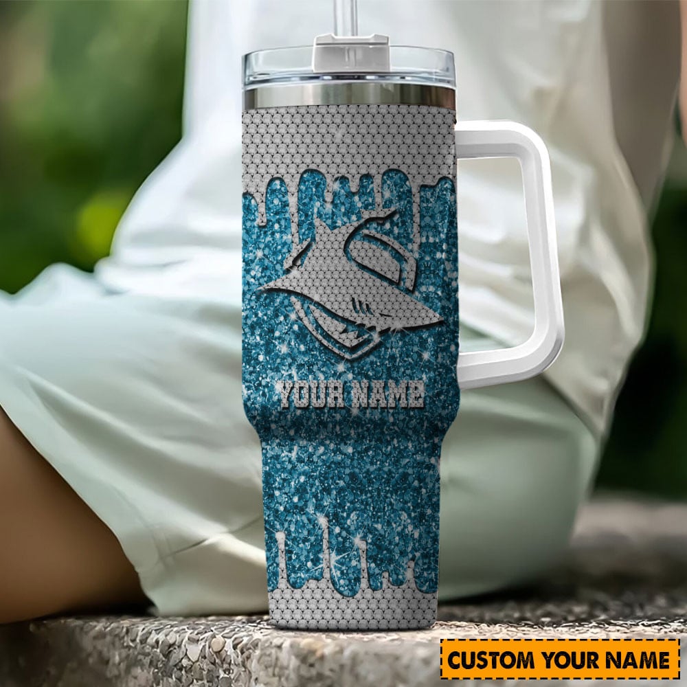 Cronulla-Sutherland Sharks NRL Glitter Custom Stanley Quencher 40oz Stainless Steel Tumbler With Handle
