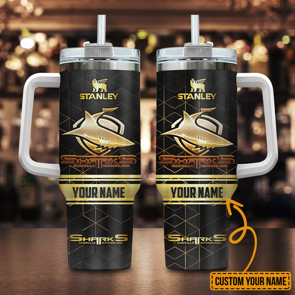 Cronulla-Sutherland Sharks NRL Golden Logo Custom Stanley Quencher 40oz Stainless Steel Tumbler With Handle