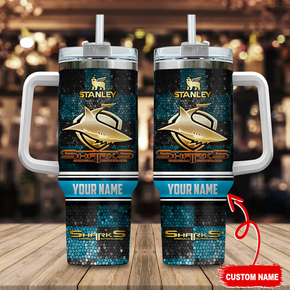 Cronulla-Sutherland Sharks NRL Golden Logo Stained Glass Effect Custom Stanley Quencher 40oz Stainless Steel Tumbler With Handle