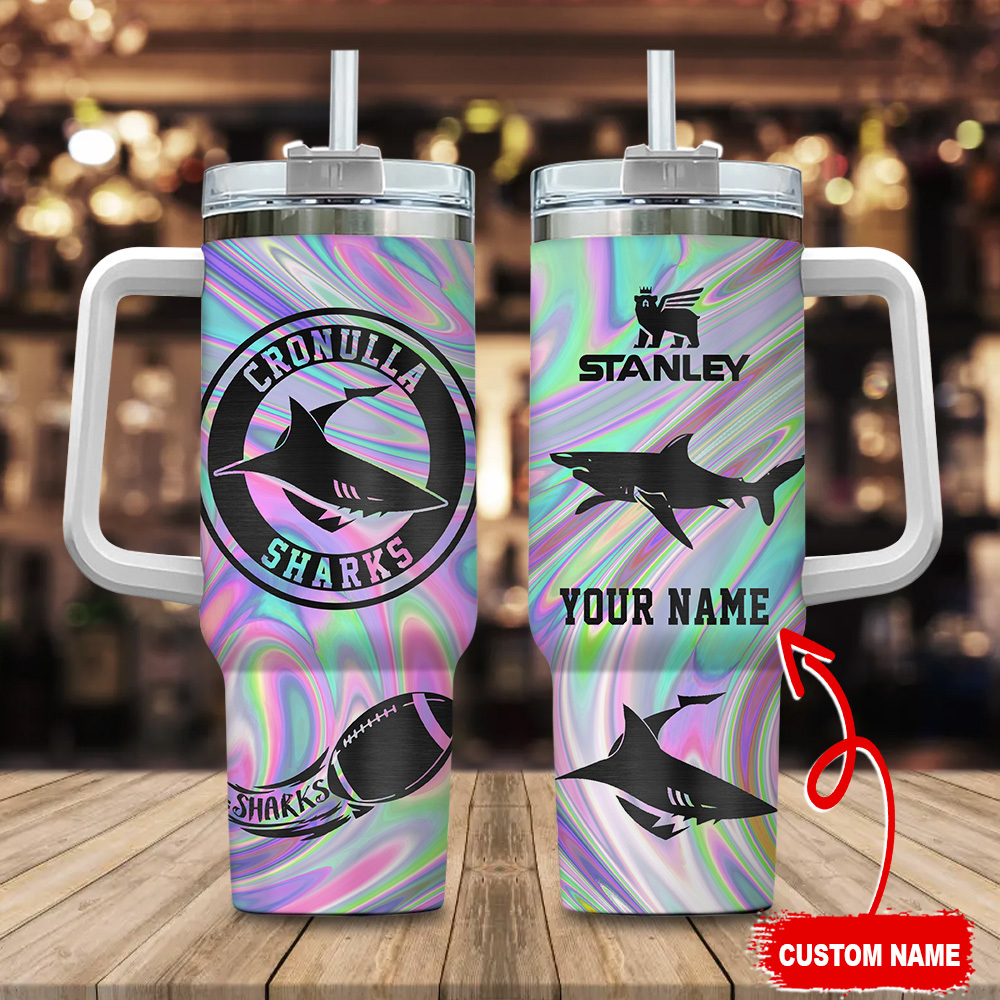 Cronulla-Sutherland Sharks NRL Hologram Effect Custom Stanley Quencher 40oz Stainless Steel Tumbler With Handle