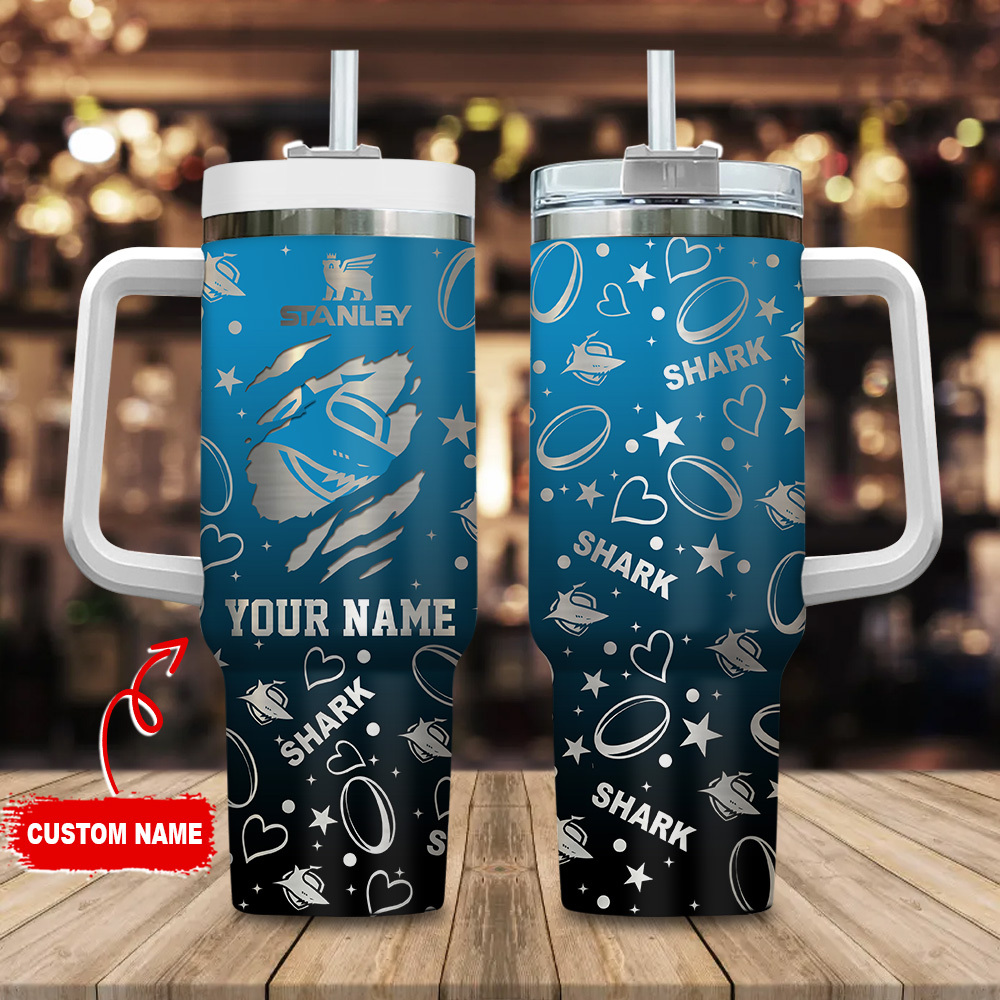 Cronulla-Sutherland Sharks NRL Silver Logo Custom Stanley Quencher 40oz Stainless Steel Tumbler With Handle