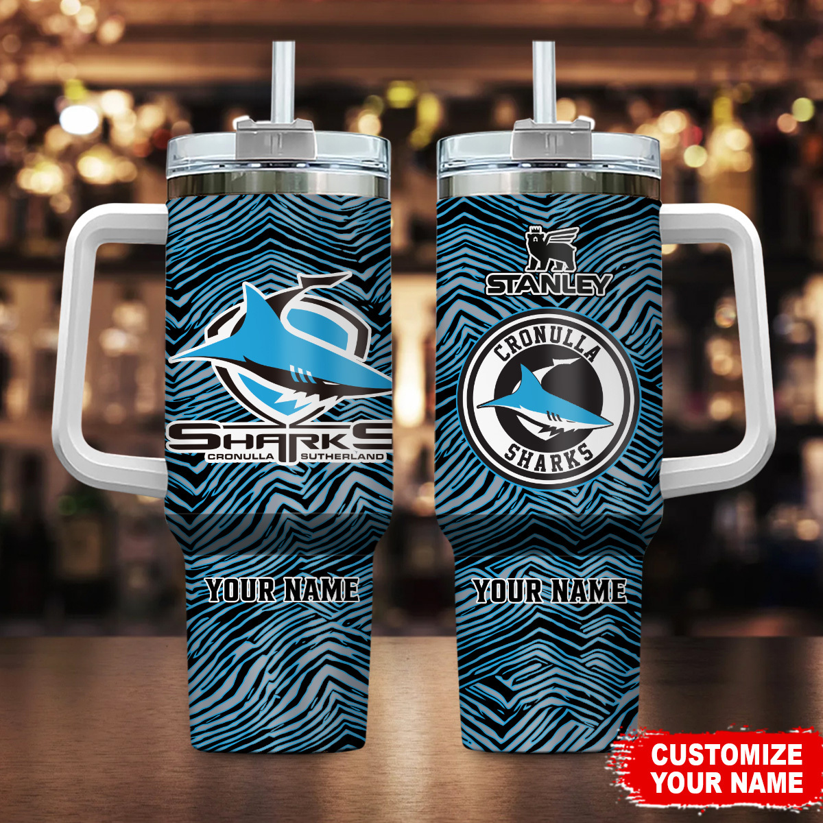 Cronulla-Sutherland Sharks NRL Zubaz Print Custom Stanley Quencher 40oz Stainless Steel Tumbler With Handle