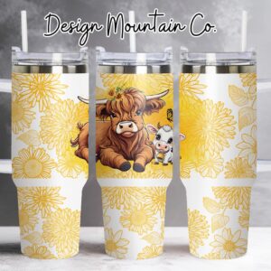 Cute Highland Cow with Flowers Custom Stanley Quencher 40oz Stainless Steel Tumbler With Handle