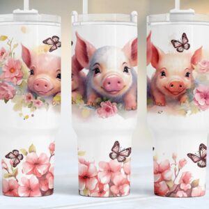 Cute Piglets Pink Floral Custom Stanley Quencher 40oz Stainless Steel Tumbler With Handle