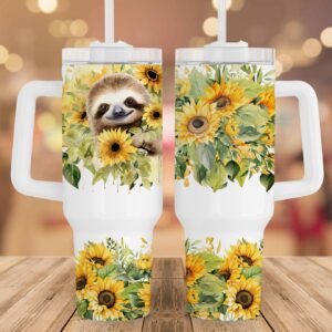Cute Sloth Sunflowers Custom Stanley Quencher 40oz Stainless Steel Tumbler With Handle