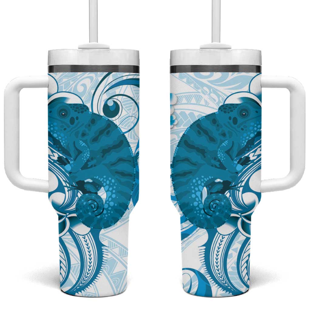 Cyan And White Hawaii Chameleon Plumeria Polynesian Tribal Art Custom Stanley Quencher 40oz Stainless Steel Tumbler With Handle