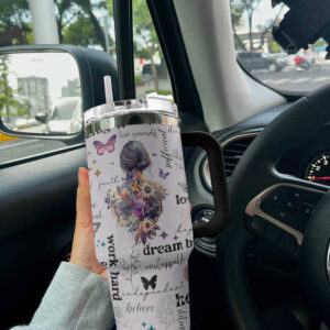 Daily Affirmations Floral Butterfly Custom Stanley Quencher 40oz Stainless Steel Tumbler With Handle
