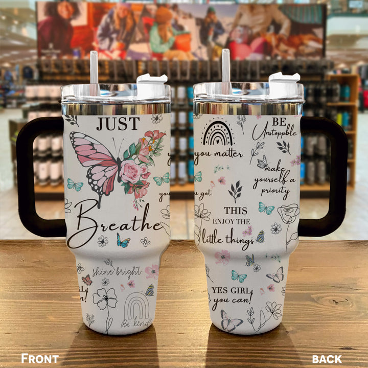 Daily Affirmations Floral Butterfly Custom Stanley Quencher 40oz Stainless Steel Tumbler With Handle