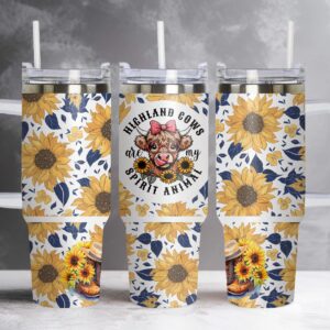 Dairy Cow with Sunflowers Custom Stanley Quencher 40oz Stainless Steel Tumbler With Handle