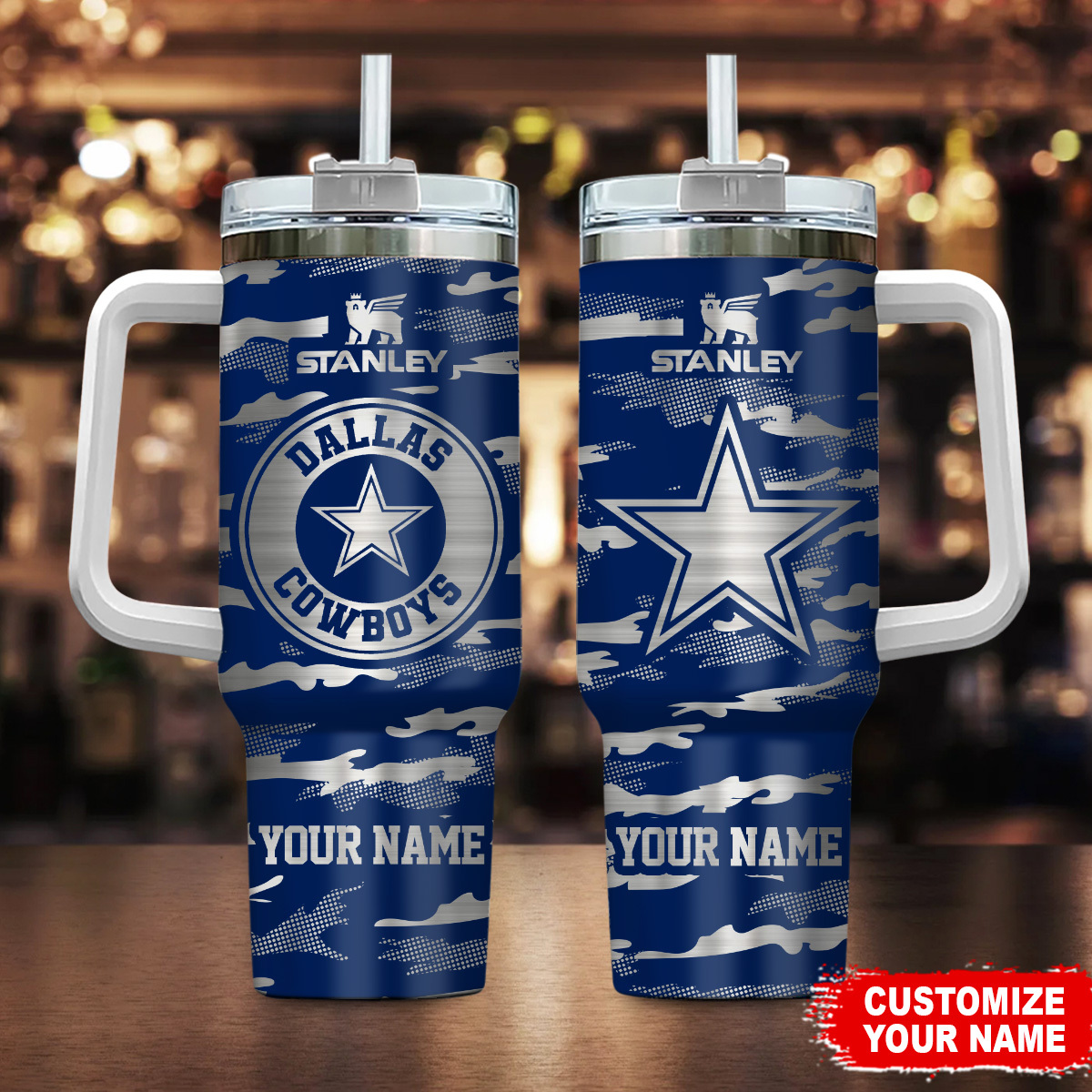 Dallas Cowboys NFL Camo Pattern Custom Stanley Quencher 40oz Stainless Steel Tumbler With Handle