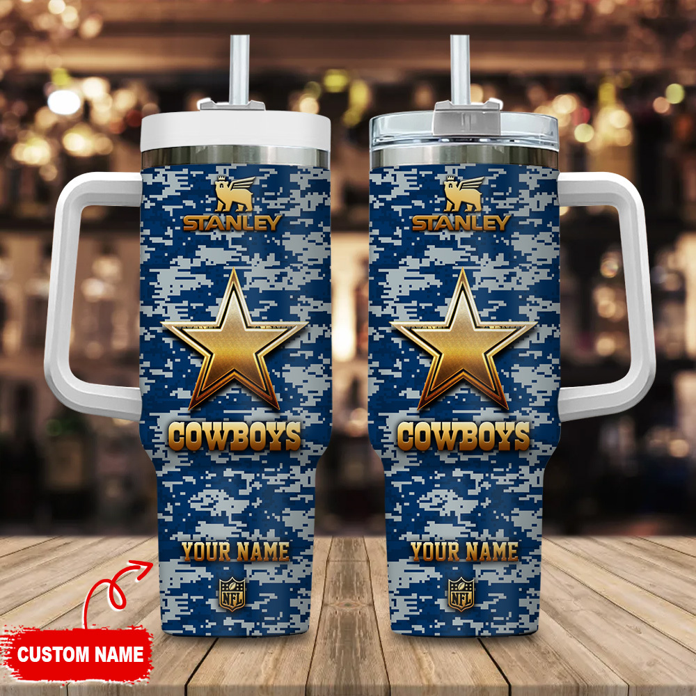 Dallas Cowboys NFL Camouflage Golden Logo Custom Stanley Quencher 40oz Stainless Steel Tumbler With Handle