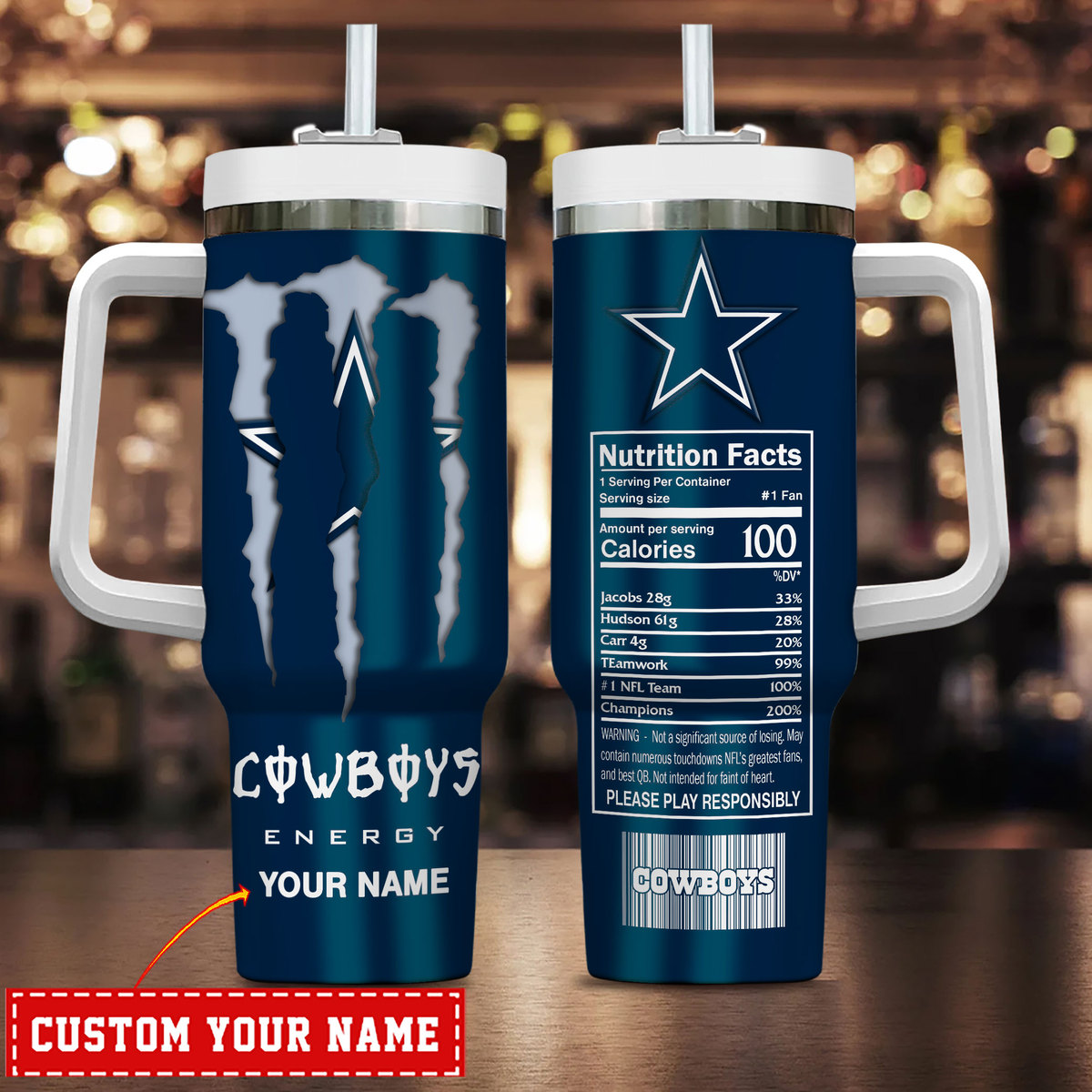 Dallas Cowboys NFL Energy Nutrition Facts Custom Stanley Quencher 40oz Stainless Steel Tumbler With Handle