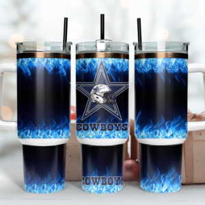 Dallas Cowboys NFL Fire Effect Custom Stanley Quencher 40oz Stainless Steel Tumbler With Handle