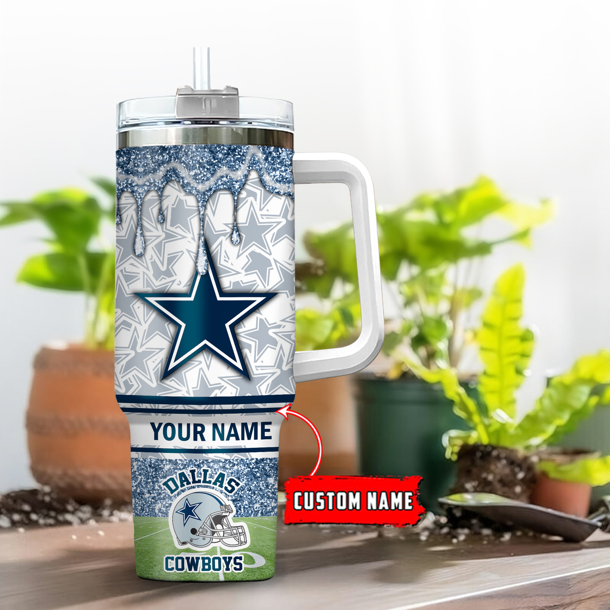 Dallas Cowboys NFL Glitter Custom Stanley Quencher 40oz Stainless Steel Tumbler With Handle