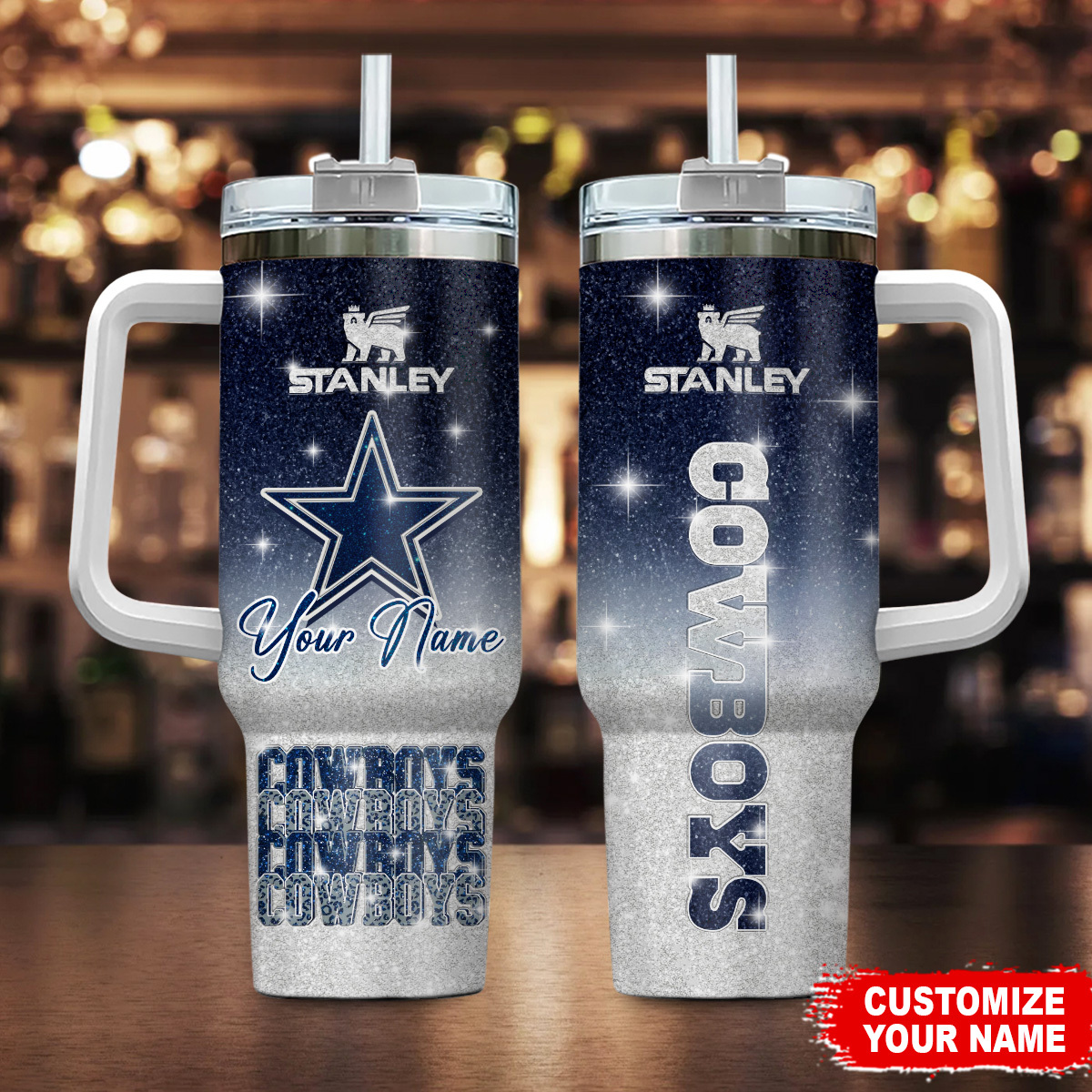 Dallas Cowboys NFL Glitter Custom Stanley Quencher 40oz Stainless Steel Tumbler With Handle