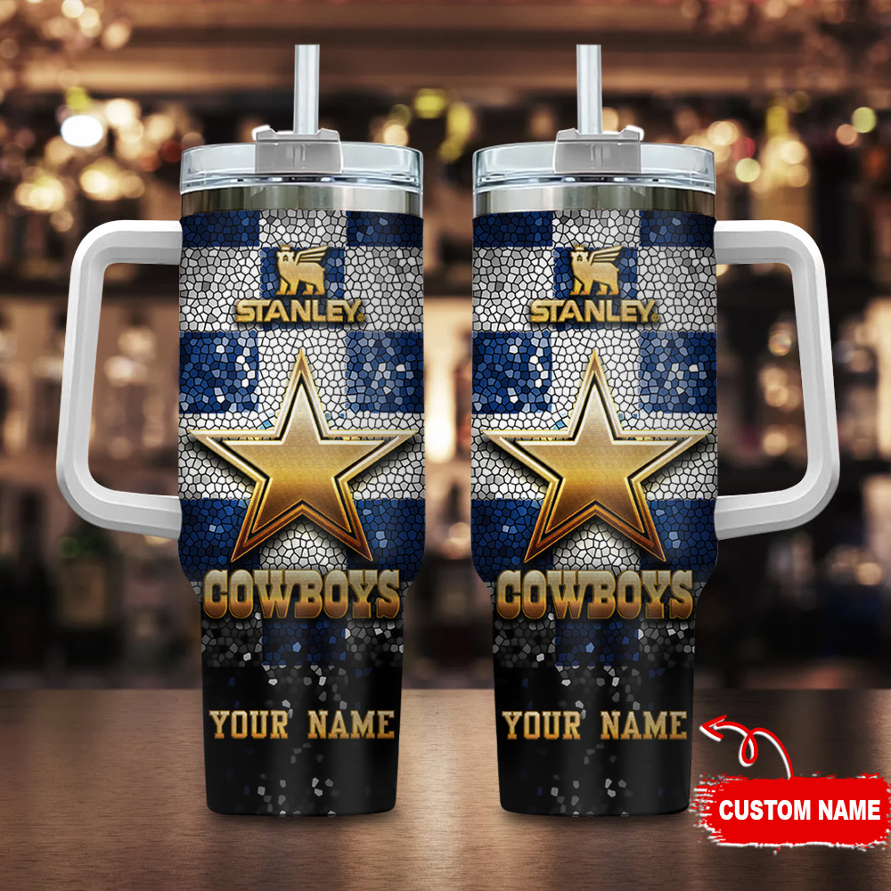 Dallas Cowboys NFL Glitter Golden Logo Custom Stanley Quencher 40oz Stainless Steel Tumbler With Handle