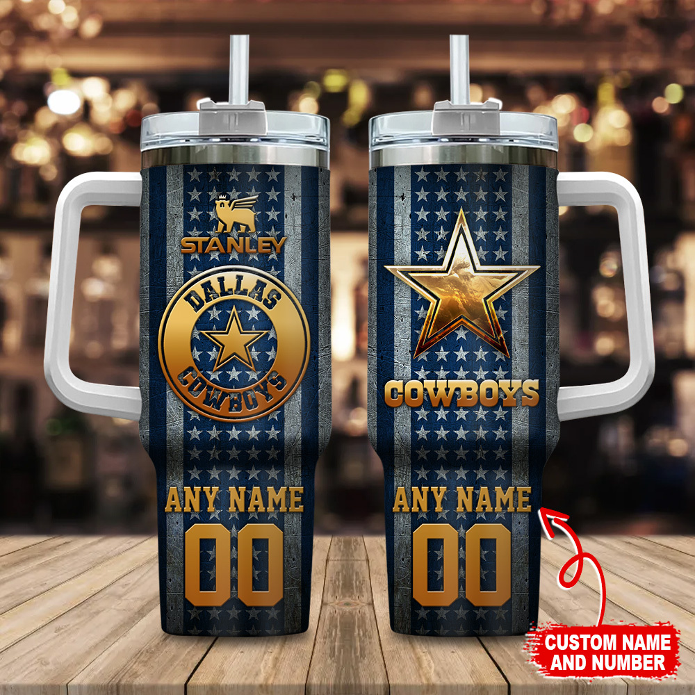 Dallas Cowboys NFL Golden Logos US Flag Custom Stanley Quencher 40oz Stainless Steel Tumbler With Handle
