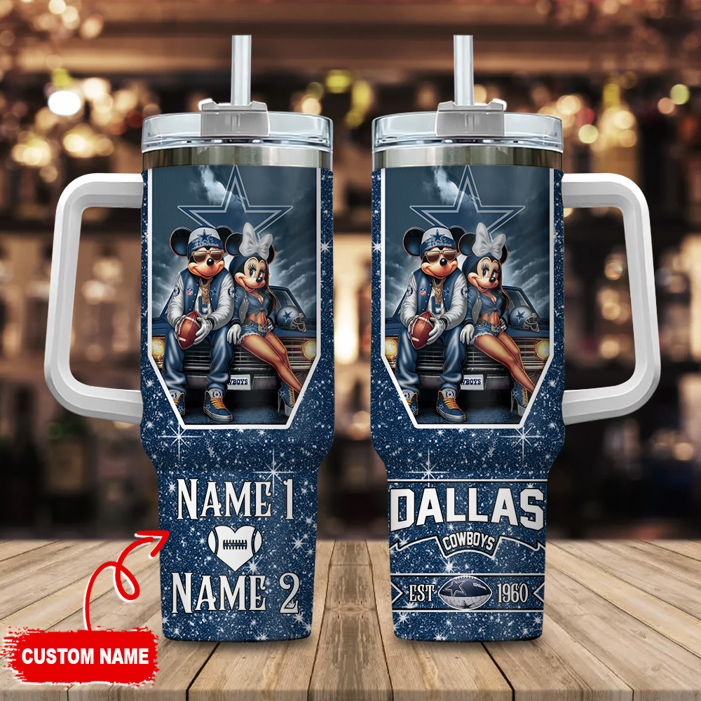 Dallas Cowboys NFL Mickey And Minnie Couple Custom Stanley Quencher 40oz Stainless Steel Tumbler With Handle