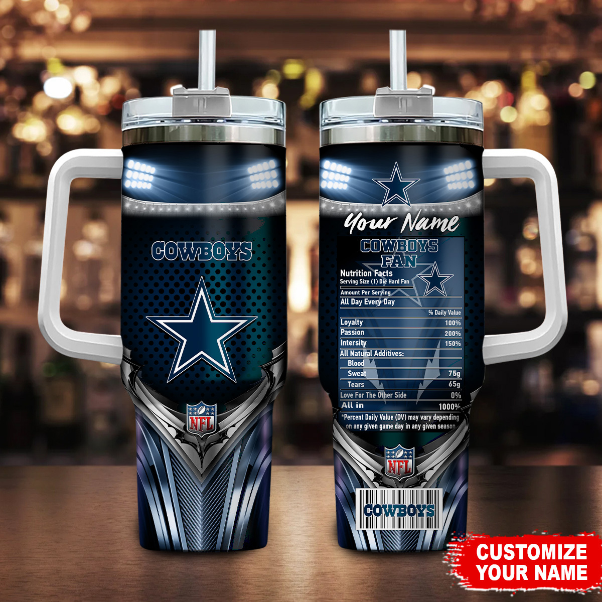 Dallas Cowboys NFL Nutrition Facts Custom Stanley Quencher 40oz Stainless Steel Tumbler With Handle