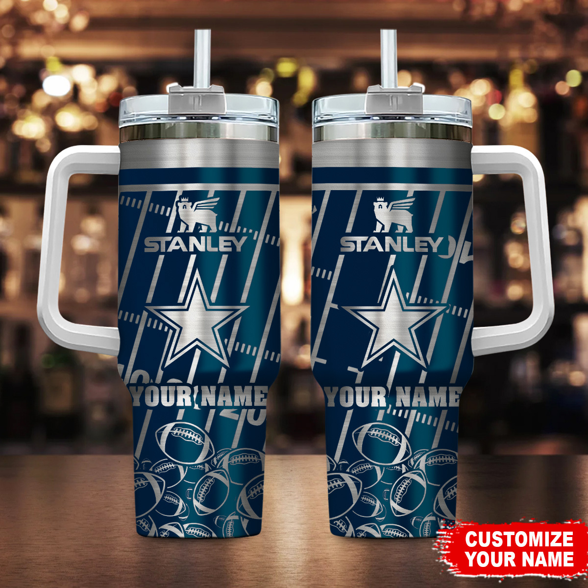 Dallas Cowboys NFL Silver Custom Stanley Quencher 40oz Stainless Steel Tumbler With Handle