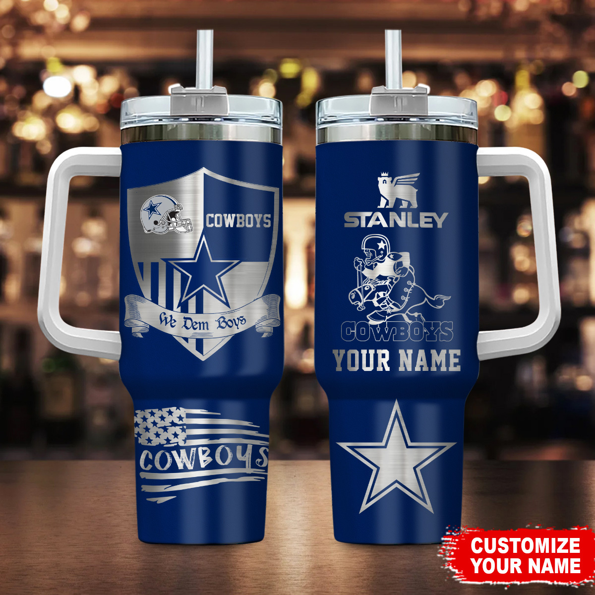 Dallas Cowboys NFL Silver Logo Custom Stanley Quencher 40oz Stainless Steel Tumbler With Handle