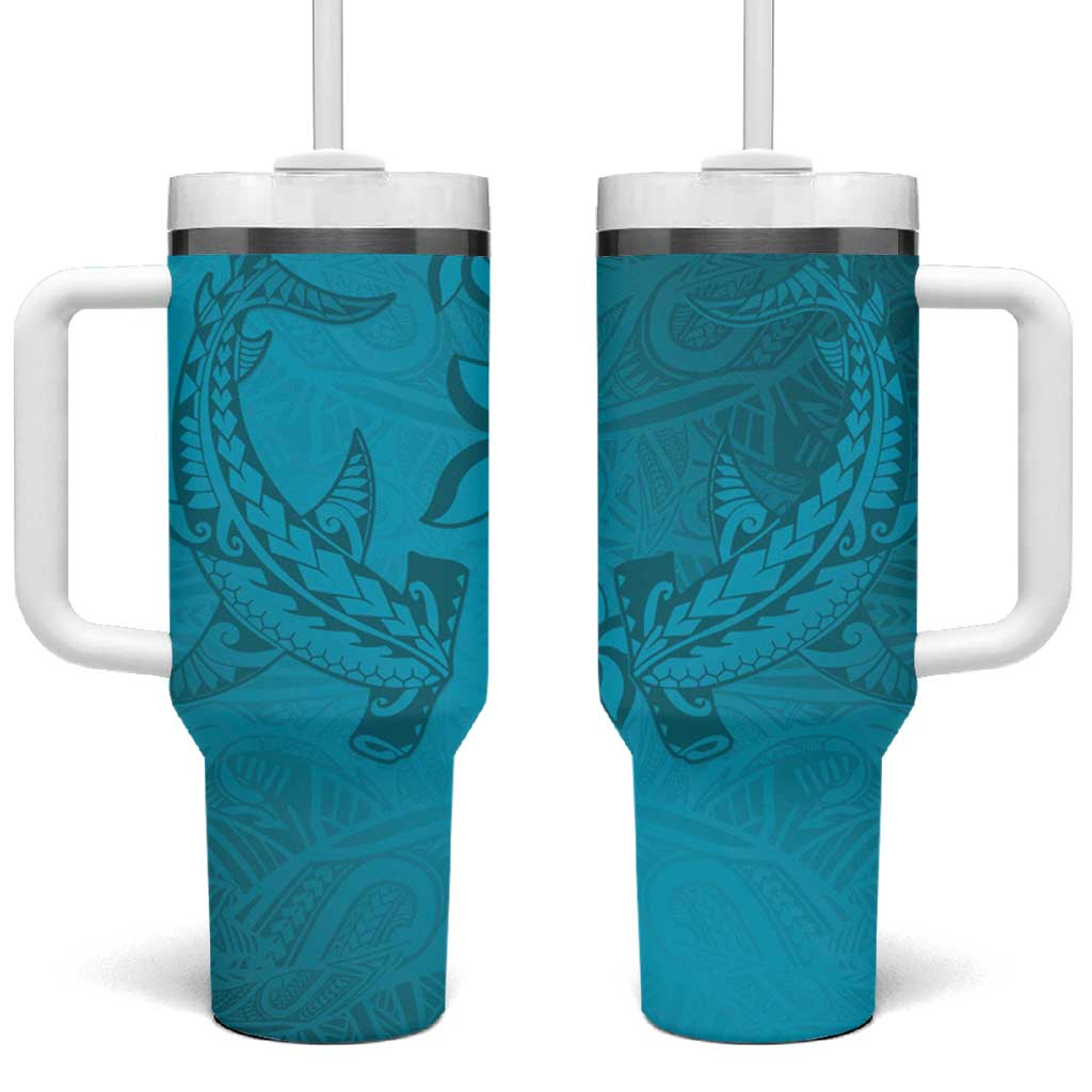 Dark Cyan Gradient Polynesia Hawaiian Tribal Hammerhead Shark Tattoo Custom Stanley Quencher 40oz Stainless Steel Tumbler With Handle