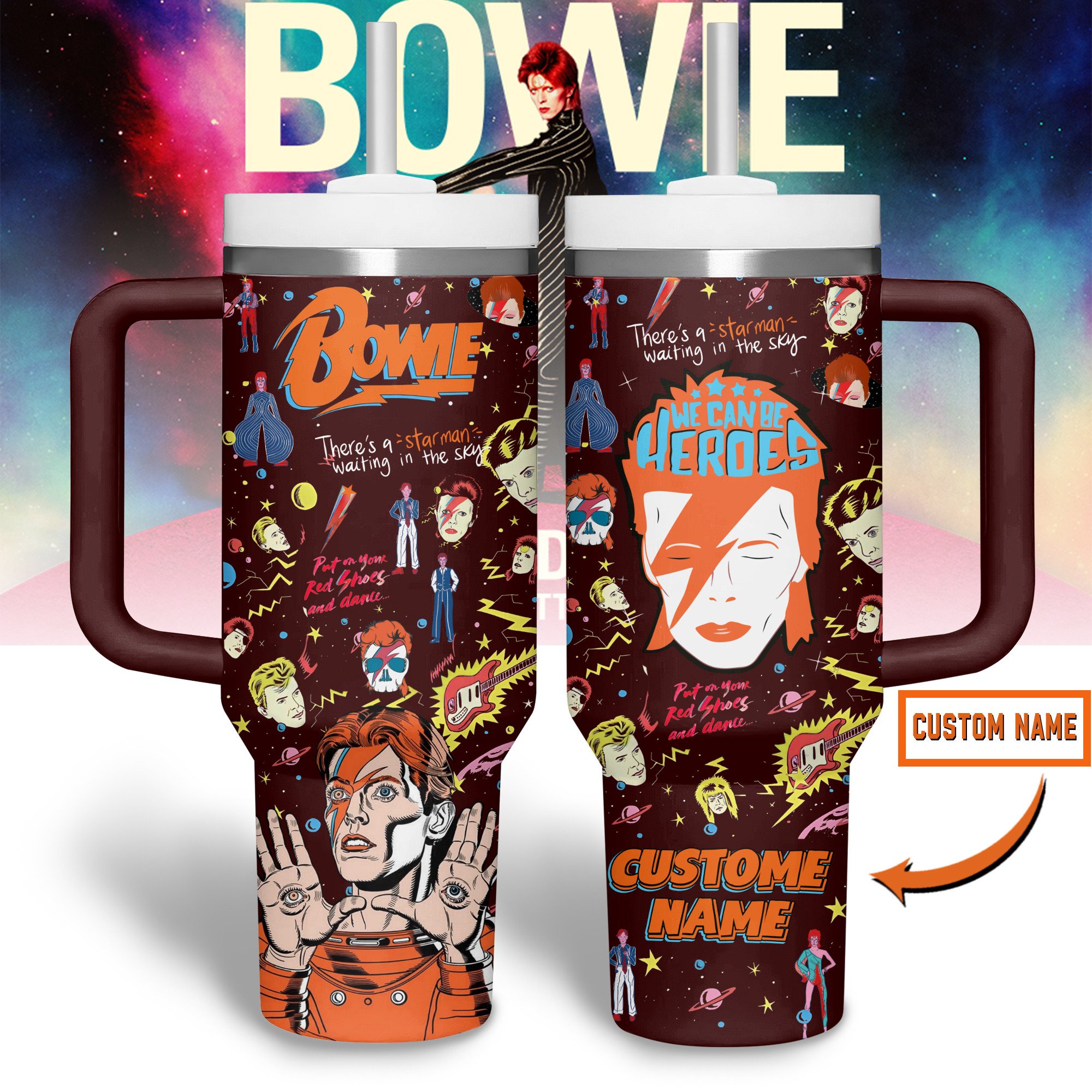 David Bowie Music Custom Stanley Quencher 40oz Stainless Steel Tumbler With Handle
