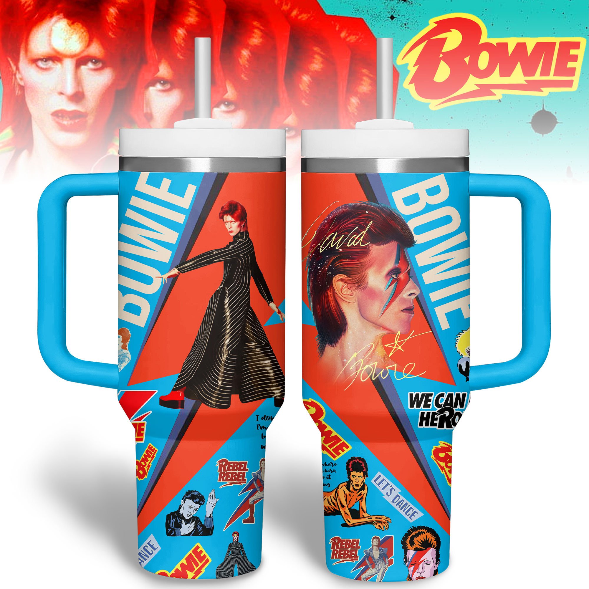 David Bowie Music Custom Stanley Quencher 40oz Stainless Steel Tumbler With Handle
