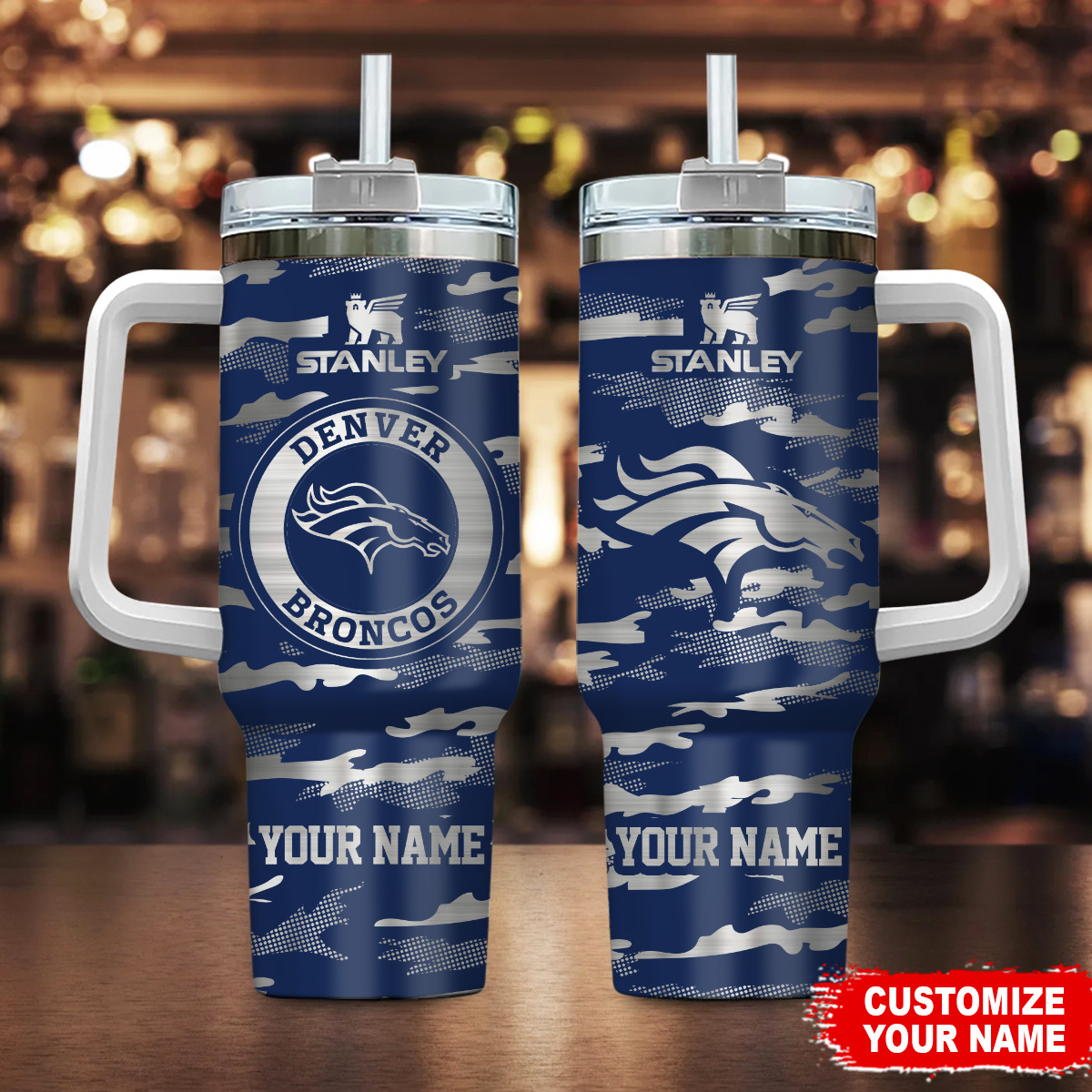 Denver Broncos NFL Camo Pattern Custom Stanley Quencher 40oz Stainless Steel Tumbler With Handle