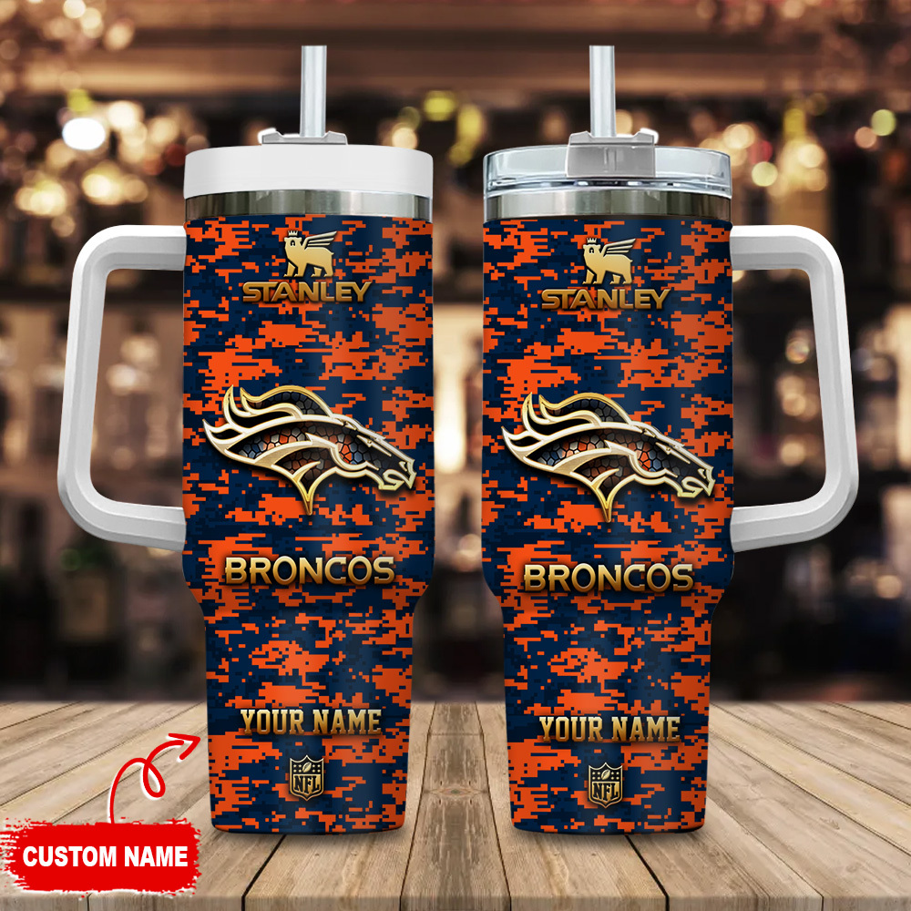 Denver Broncos NFL Camouflage Golden Logo Custom Stanley Quencher 40oz Stainless Steel Tumbler With Handle
